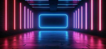 AI generated Modern Dark Room with Glowing Neon Lines with Retro 80s Style. Futuristic Interior with Laser Effect. Generative AI photo