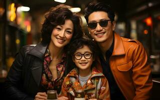 ai generado retrato de un pequeño contento asiático familia en retro Moda estilo. generativo ai foto