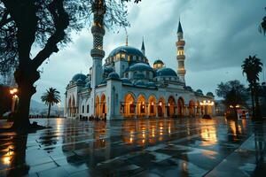 AI generated Beautiful mosque with an atmosphere after the rain, in the afternoon. Generative AI photo