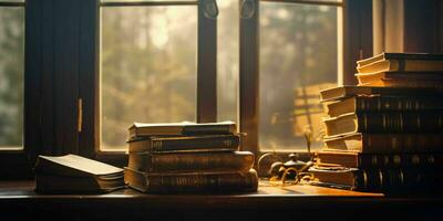 ai generado apilar de libros en un de madera mesa con ventana y luz de sol en el antecedentes. generativo ai foto