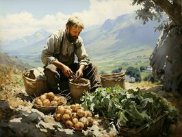 AI generated Farmers Harvest Potatoes in a Field with Mountain View. Generative AI photo