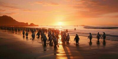 AI generated Penguin Colony on the Beach with Beautiful Sunset View. Generative AI photo