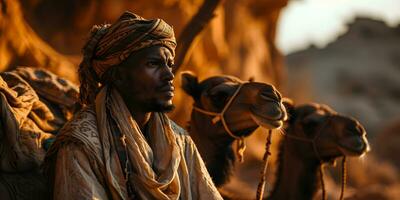 ai generado medio oriental hombre con su camellos en el Desierto a puesta de sol. generativo ai foto