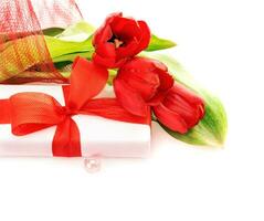 Red tulips with giftbox photo