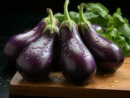 AI generated Fresh Eggplant with Water Droplets. Group of Aubergine. Generative AI photo