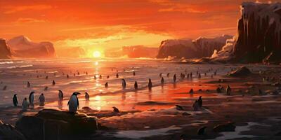 AI generated Penguin Colony on the Beach with Beautiful Sunset View. Generative AI photo