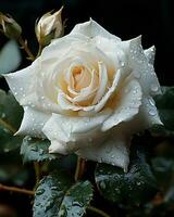 AI generated Blooming White Rose with Water Droplets on it Isolated on Black Background. Rose Close Up. Generative AI photo