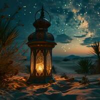 AI generated Arabic Lantern in the Desert at Sunset. Ramadan Kareem Background. Muslim Holy Month. Generative Ai photo