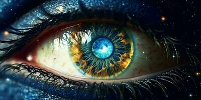 ai generado cerca arriba ver de el ojo con el universo adentro. generativo ai foto