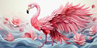 AI generated Beautiful Flamingo Illustration with Paper Art Style. Generative AI photo