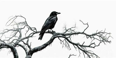 AI generated Crow Perched on a Tree Branch Isolated on White Background. Raven. Generative AI photo