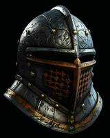 ai generado hierro medieval guerra casco aislado en negro antecedentes. generativo ai foto