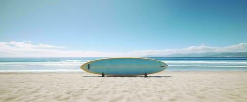 ai generado tabla de surf en el playa con azul cielo vista. generativo ai foto