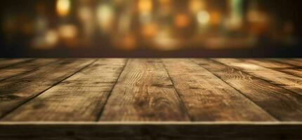 AI generated Empty Wooden Table with Bokeh Cafe Background and Golden Lights. Generative AI photo