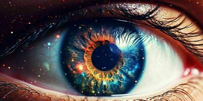 ai generado cerca arriba ver de el ojo con el universo adentro. generativo ai foto