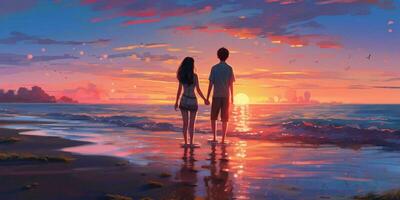 AI generated Romantic Couple Hold Hands on the Beach at Sunset. Generative AI photo