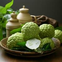 AI generated Fresh Custard Apples in a Basket. Sugar Apple. Healthy Fruit. Generative AI photo