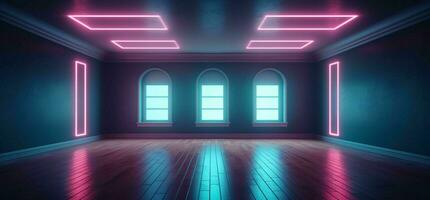 AI generated Modern Dark Room with Glowing Neon Lines with Retro 80s Style. Futuristic Interior with Laser Effect. Generative AI photo