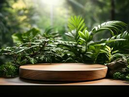 AI generated Wooden Product Display Podium with Nature Background. Natural Product Placement Pedestal Stand. Generative AI photo