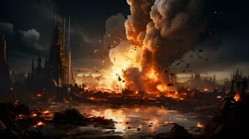 AI generated City Burns After Missile Explodes During War. Doomsday Disaster. Generative Ai photo