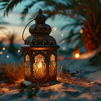AI generated Arabic Lantern in the Desert at Sunset. Ramadan Kareem Background. Muslim Holy Month. Generative Ai photo