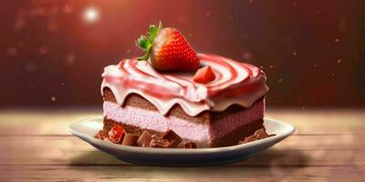 AI generated A Slice of Sweet Pink Cake with Strawberries and Cream on Top. Generative AI photo