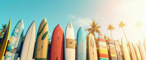 ai generado tabla de surf en el playa con azul cielo vista. generativo ai foto