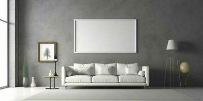 ai generado moderno y minimalista vivo habitación interior diseño con blanco blanco imagen marco Bosquejo. generativo ai foto