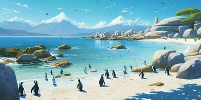 AI generated Penguin Colony on the Beach with Beautiful landscape View. Generative AI photo