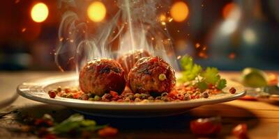 AI generated Delicious Meatballs with Sauce Served on a Plate. Generative AI photo