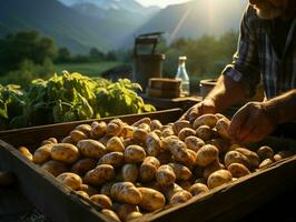 AI generated Farmers Harvest Potatoes in a Field with Mountain View. Generative AI photo