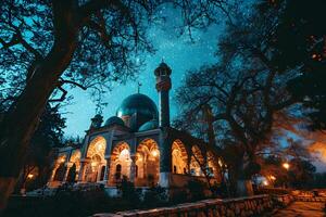 AI generated A Magnificent Mosque with a Beautiful Sky View at Sunset. Generative AI photo