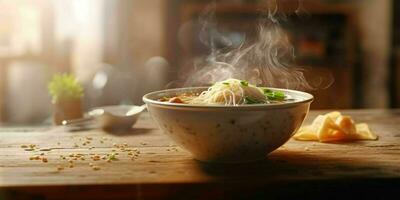 ai generado un cuenco de caliente fideos sopa en de madera mesa. generativo ai foto