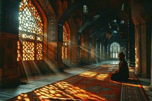 AI generated Muslim Man Praying at a Mosque with Sunlight Effect. Worshiping God. Generative AI photo