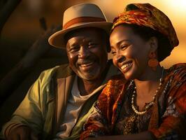 AI generated Romantic Elderly African Couple Embracing Each Other with Sunset View. Generative Ai photo