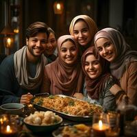 ai generado musulmán familia y amigos reunión durante Ramadán con delicioso platos en el mesa. iftar cena. generativo ai foto