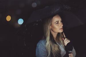 Pensive woman outdoors in rainy night photo