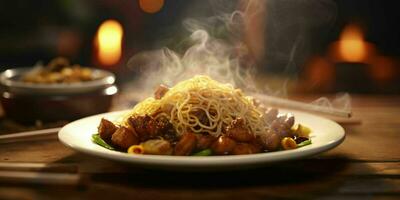 AI generated Delicious Fried Noodle with Smoky Effect on a Wooden Table. Generative AI photo