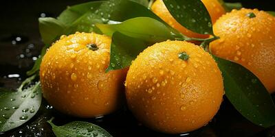 AI generated Fresh Oranges with Water Droplets Isolated on a Black Background. Generative AI photo