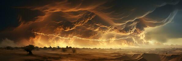 AI generated Stormy Sky with Lightning Strikes in the Desert. Sandstorm Landscape. Generative Ai photo