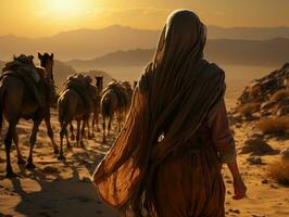 ai generado hermosa velado mujer de viaje en el Desierto con luz de sol efecto. generativo ai foto