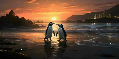 AI generated A Pair of Penguins Enjoy the Beauty of the Beach at Dusk. Penguin Couple. Generative AI photo