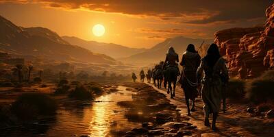 AI generated Arabian People Doing a Long Journey on Foot and Horseback. Generative AI photo