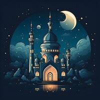 AI generated Beautiful Mosque Illustration at Night with Fantasy Sky. Generative Ai photo