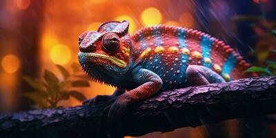 AI generated Colorful Chameleon Perched on a Tree Branch with Vibrant Neon Light Effect. Digital Art. Generative AI photo