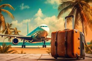 AI generated Suitcase in Airport with Tropic Beach Background. Generative AI photo