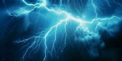 AI generated Blue Lightning with Dark Cloudy Sky. Thunderstorm Background. Generative AI photo