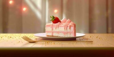 AI generated A Slice of Sweet Pink Cake with Strawberries and Cream on Top. Generative AI photo