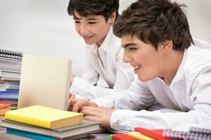 Happy schoolboys studying photo