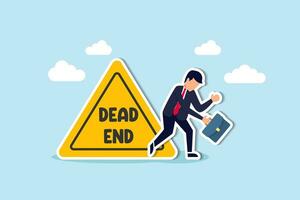 Business or career dead end, no solutions or other work around for business obstacle, risk of struggle at the same job for years concept, depressed businessman office worker stop at dead end road sign vector